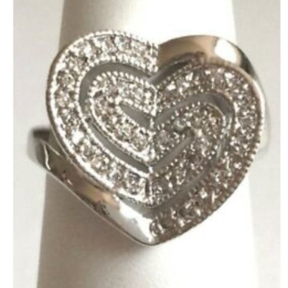 Silver Heart Cocktail Ring Size 5 6 10 Cubic Zirconia Statement Rhodium Plated - Picture 2 of 8